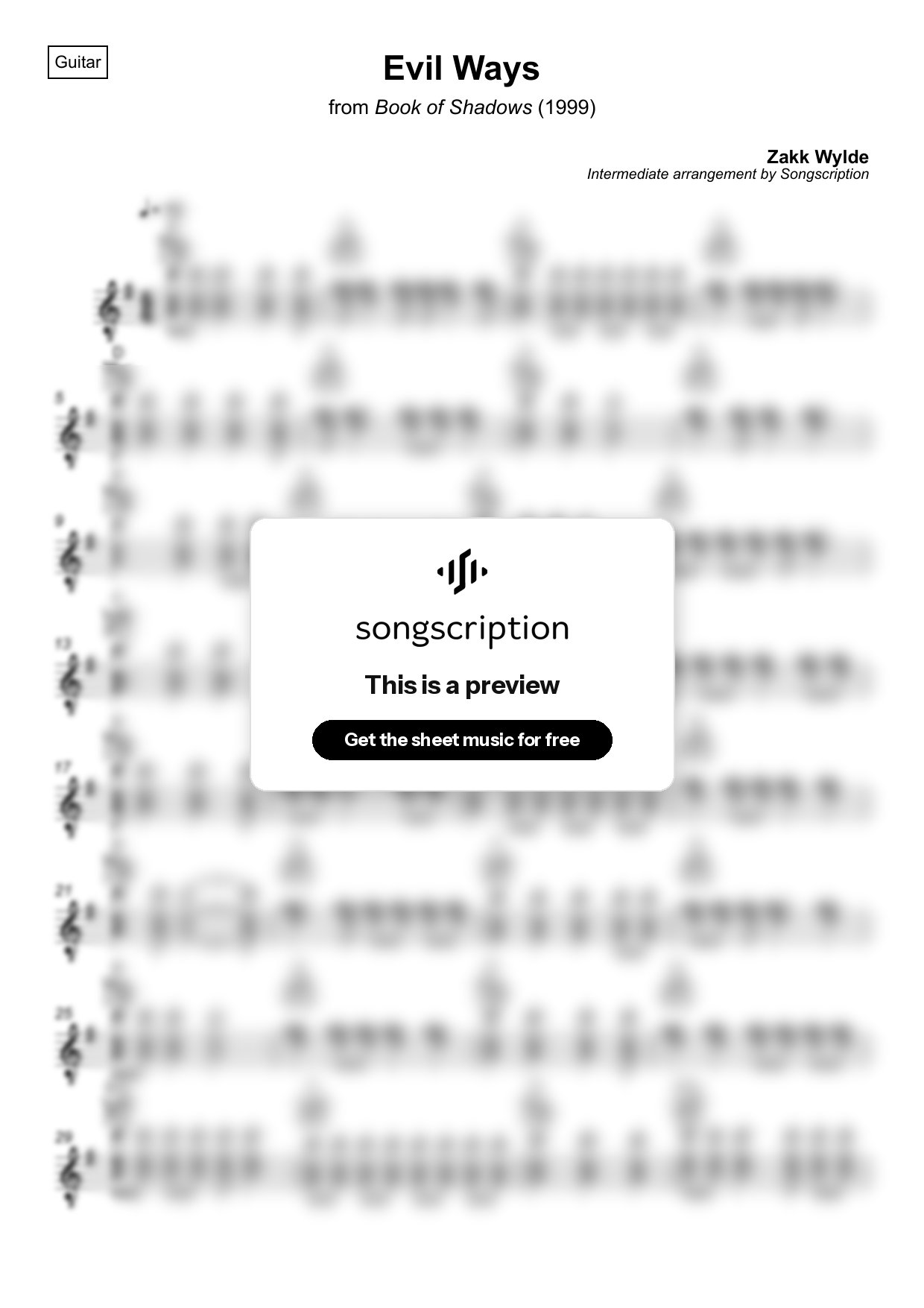 Intermediate Acoustic Guitar Sheet Music for "Evil Ways" by Zakk Wylde