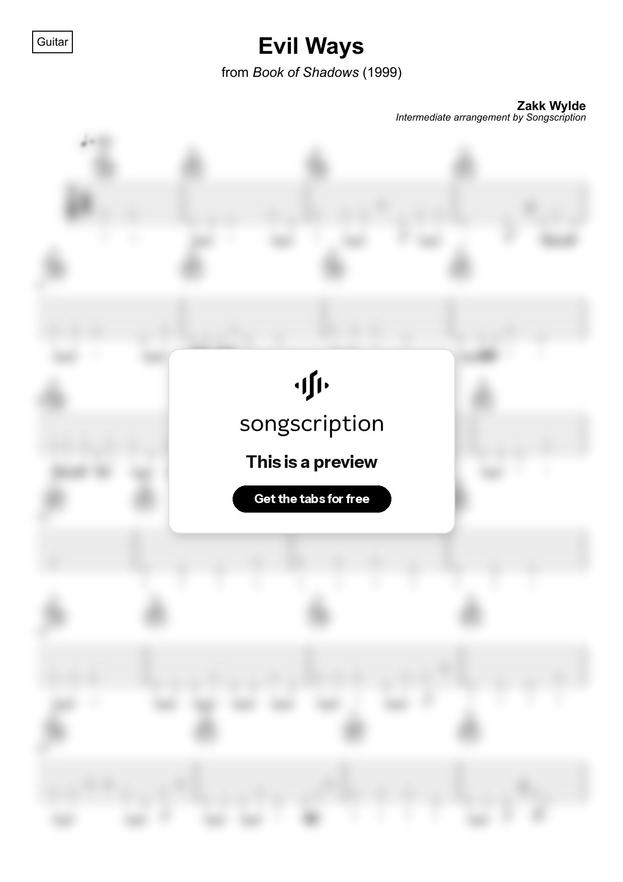 Intermediate Acoustic Guitar Tabs for "Evil Ways" by Zakk Wylde
