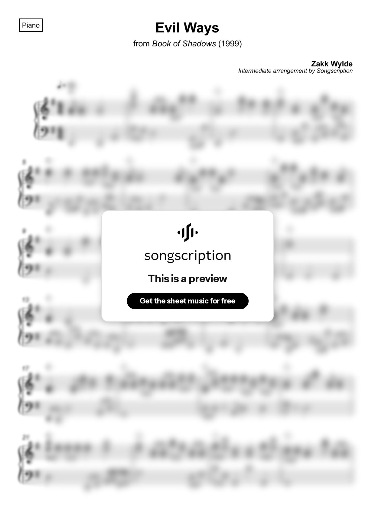 Intermediate Piano Sheet Music for "Evil Ways" by Zakk Wylde