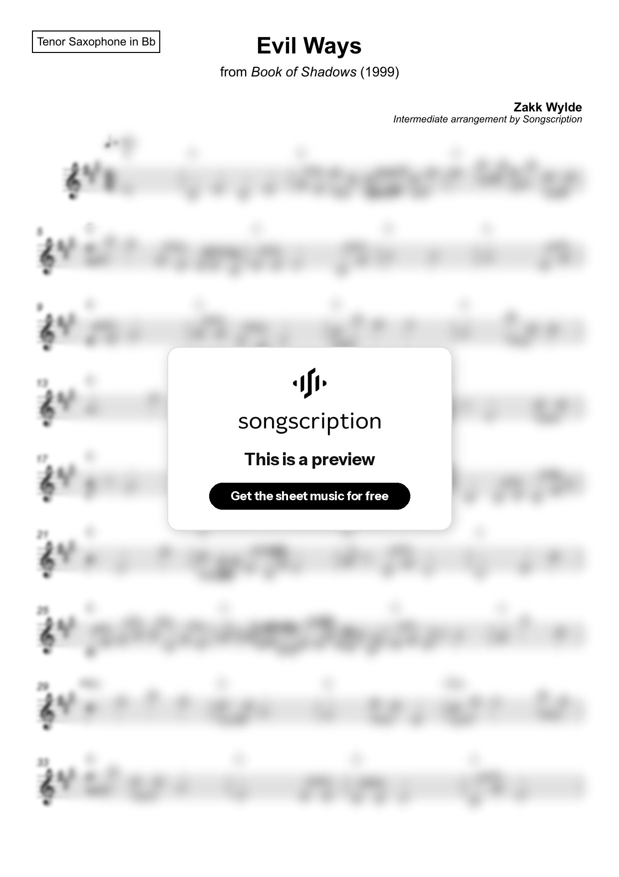 Intermediate Tenor Sax Sheet Music for "Evil Ways" by Zakk Wylde