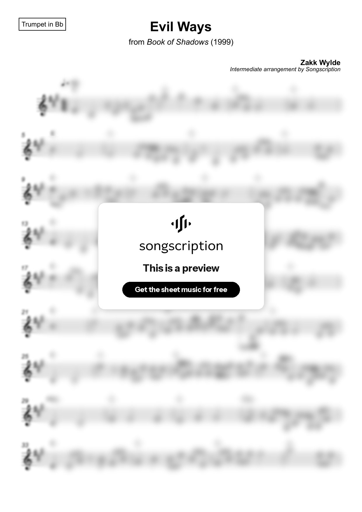 Intermediate Trumpet Sheet Music for "Evil Ways" by Zakk Wylde