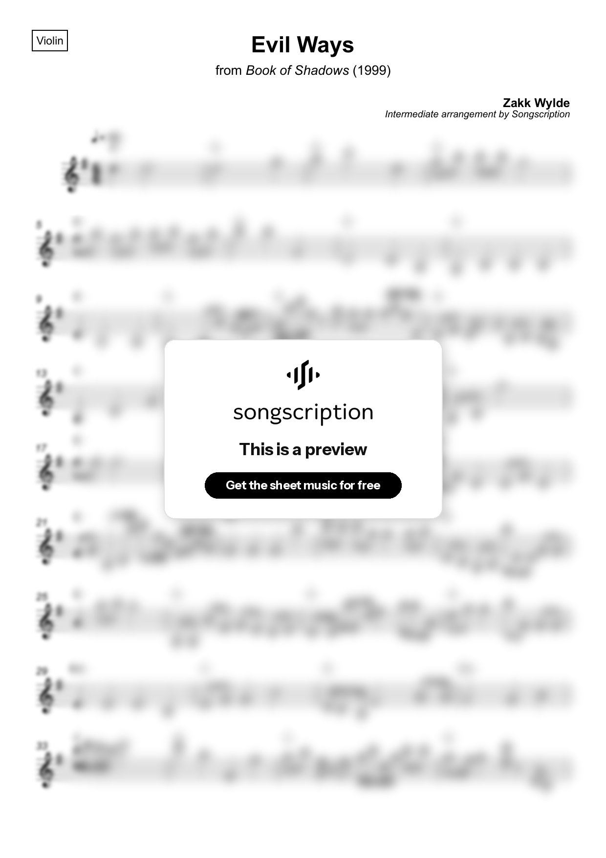 Intermediate Violin Sheet Music for "Evil Ways" by Zakk Wylde