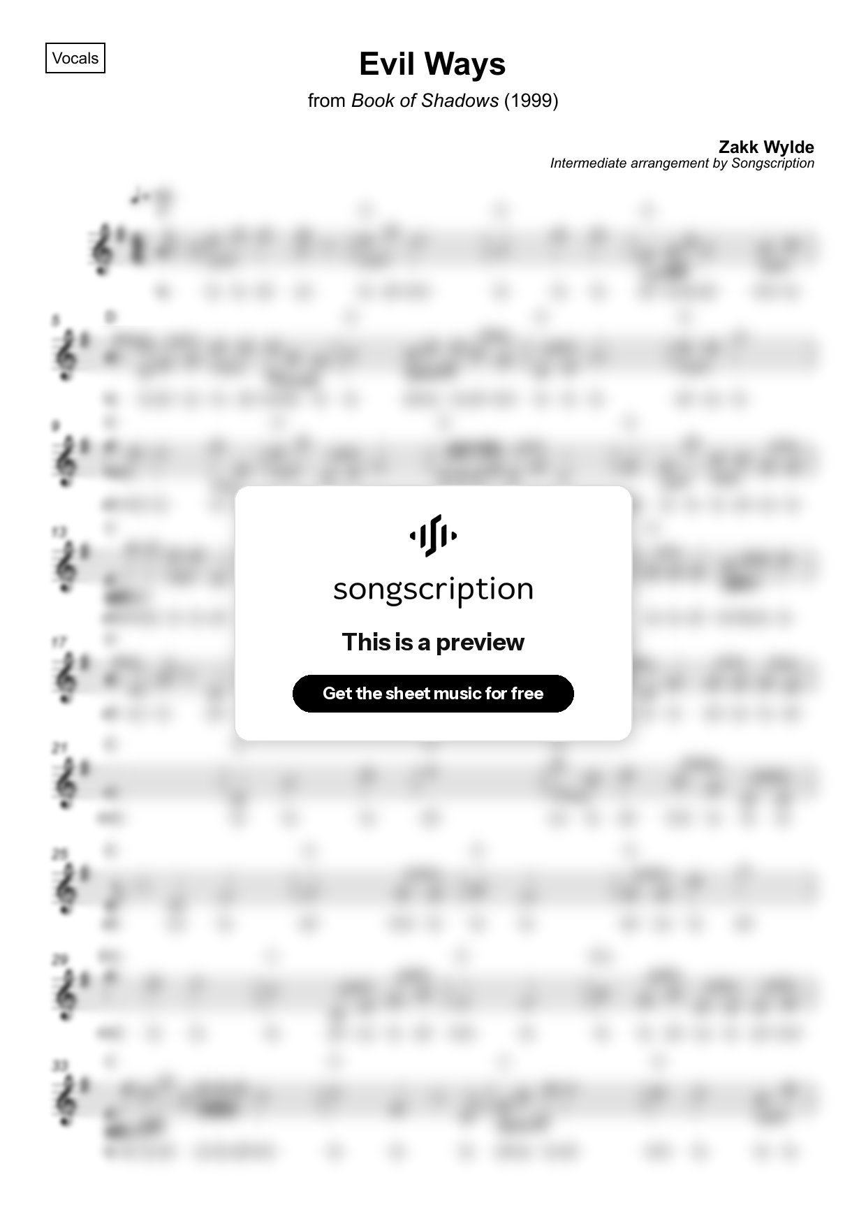 Intermediate Vocals Sheet Music for "Evil Ways" by Zakk Wylde
