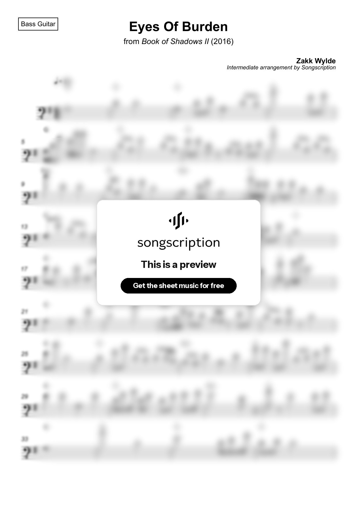 Intermediate Bass Guitar Sheet Music for "Eyes Of Burden" by Zakk Wylde