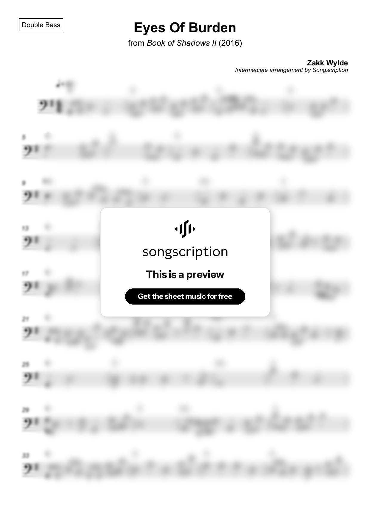 Intermediate Double Bass Sheet Music for "Eyes Of Burden" by Zakk Wylde