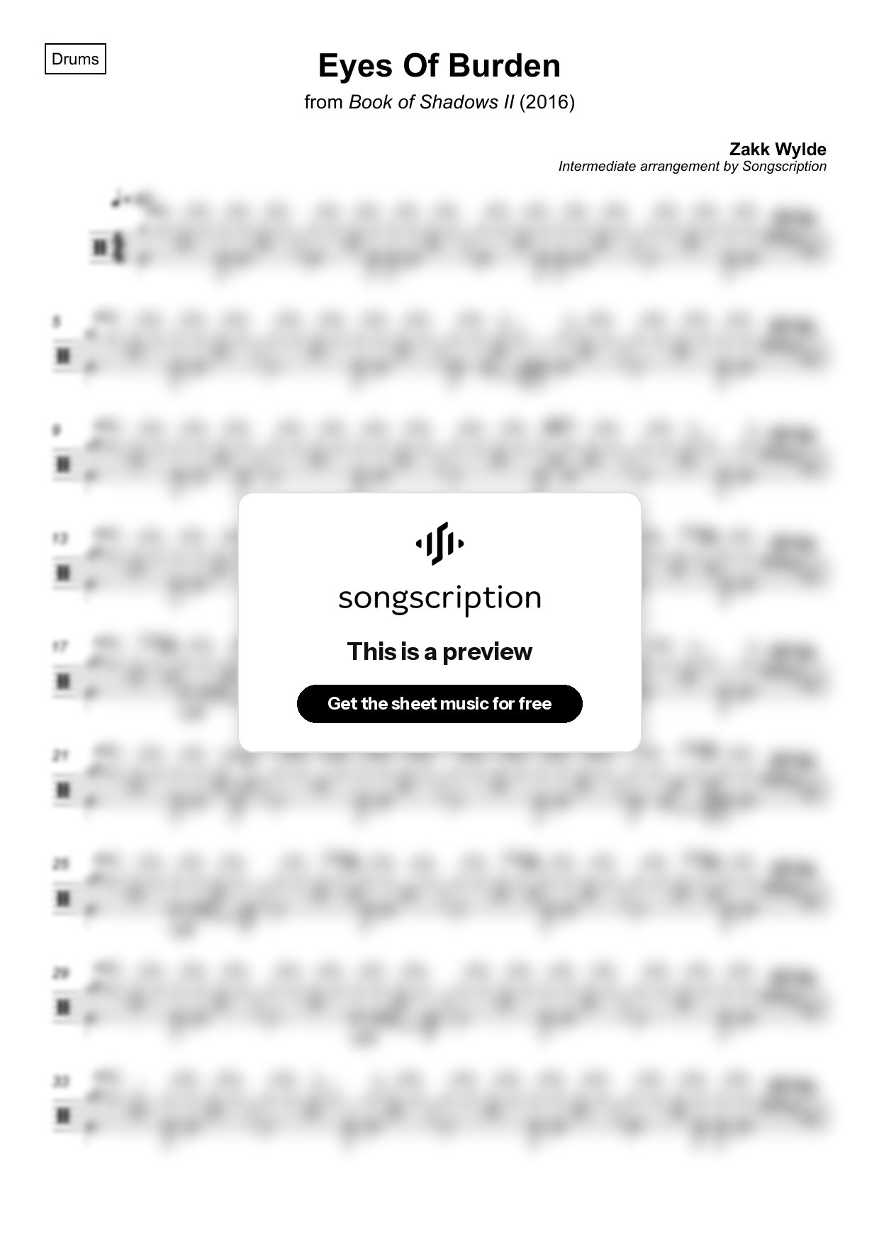 Intermediate Drums Sheet Music for "Eyes Of Burden" by Zakk Wylde