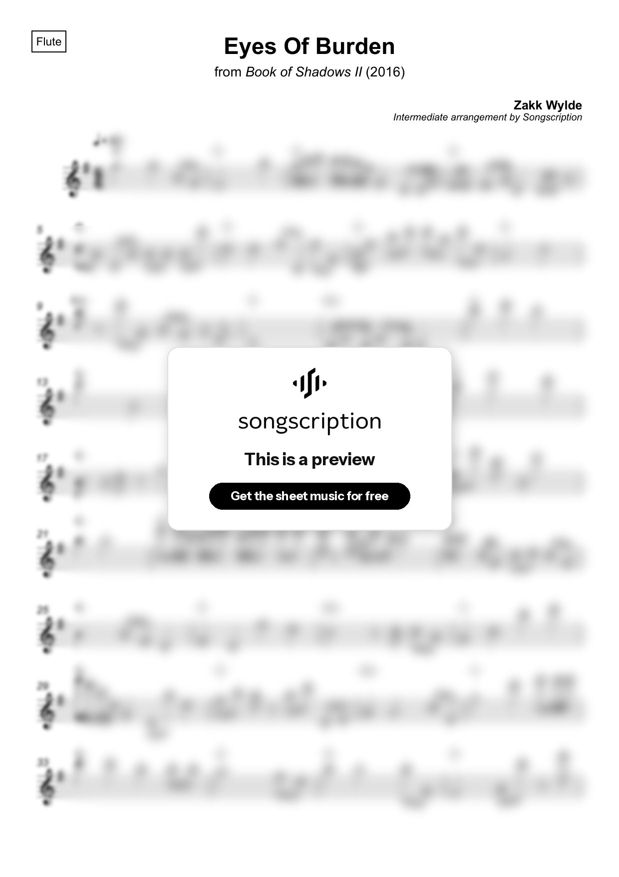 Intermediate Flute Sheet Music for "Eyes Of Burden" by Zakk Wylde