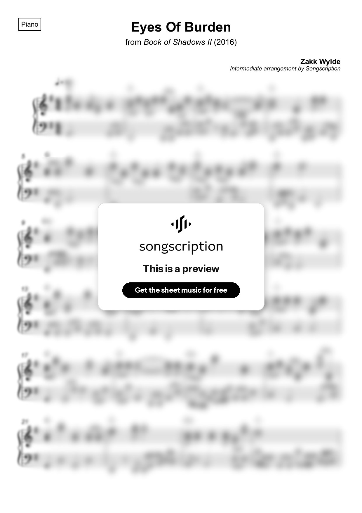 Intermediate Piano Sheet Music for "Eyes Of Burden" by Zakk Wylde