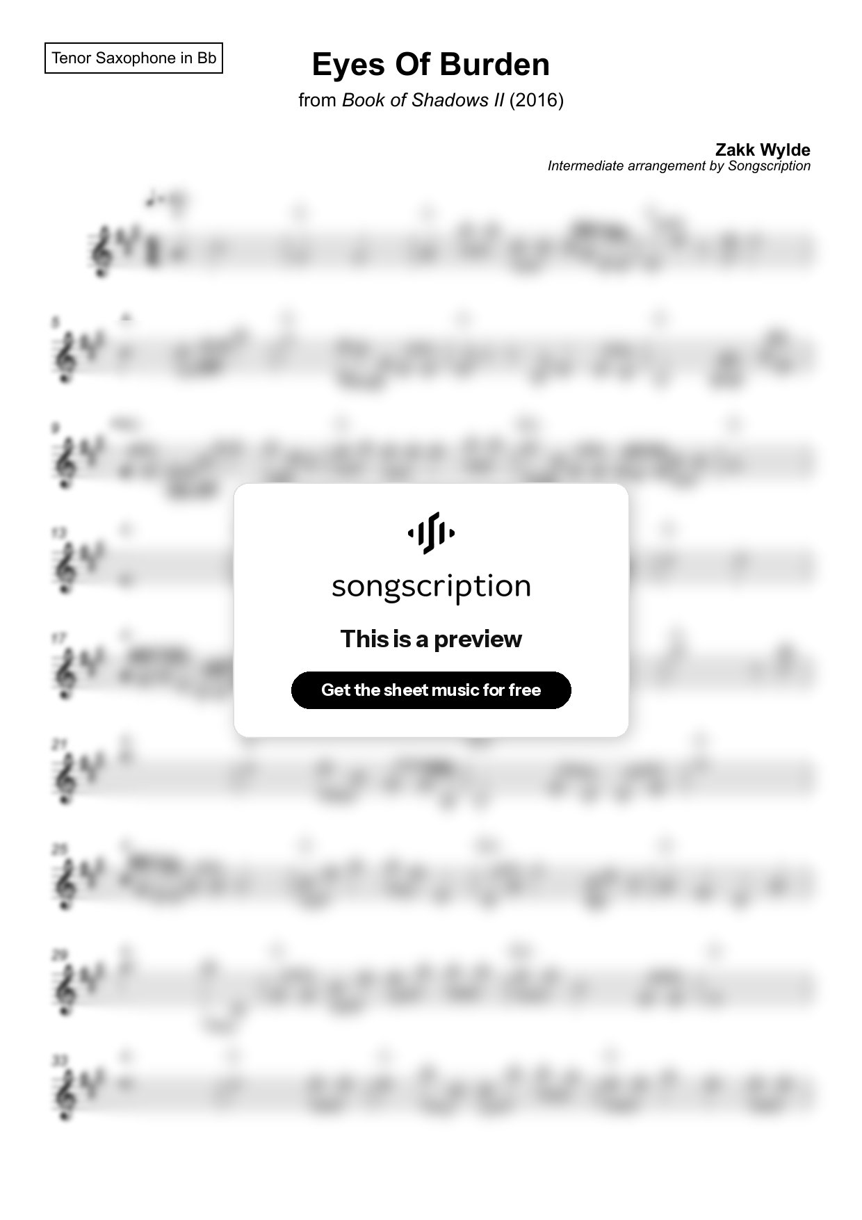 Intermediate Tenor Sax Sheet Music for "Eyes Of Burden" by Zakk Wylde
