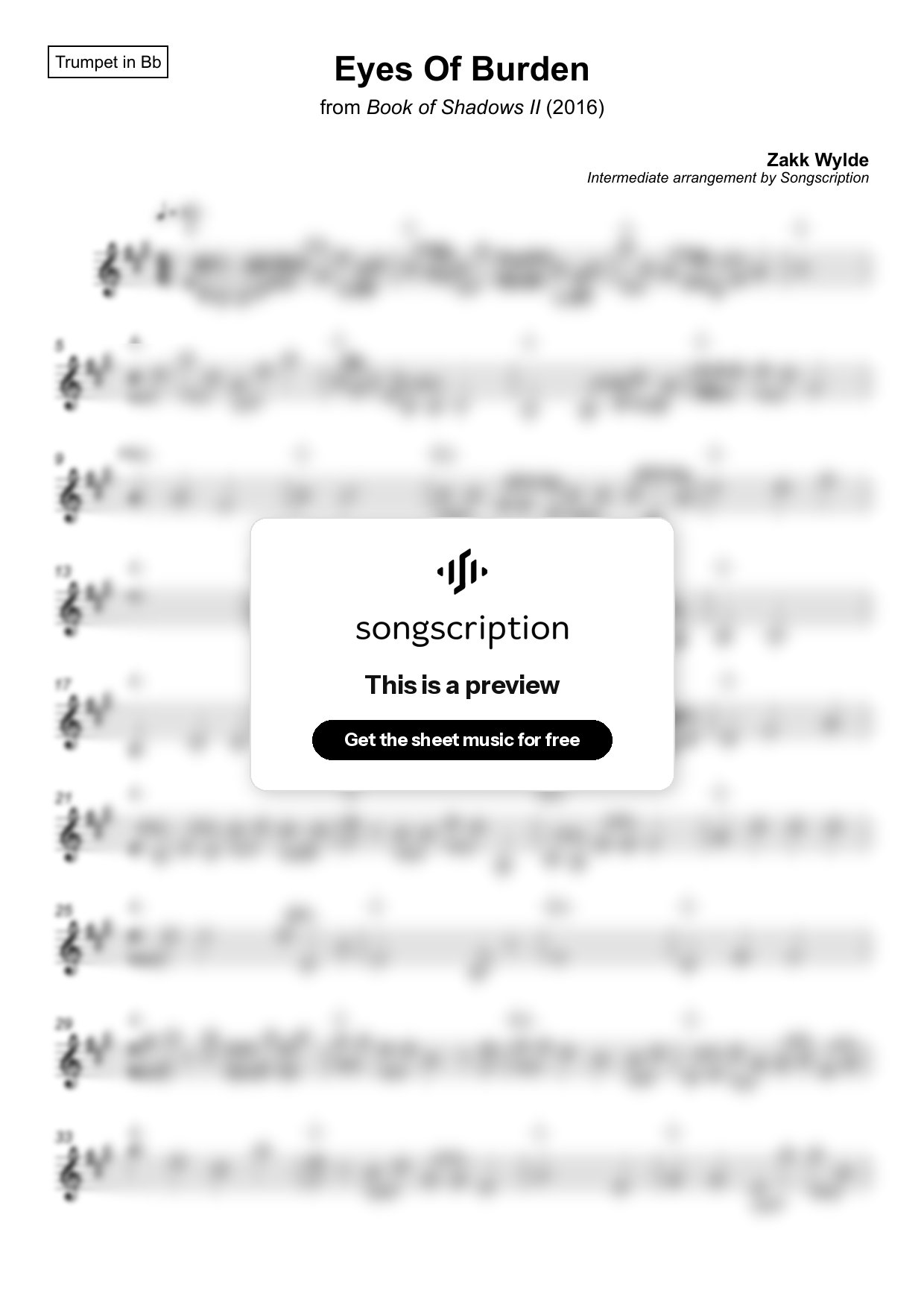 Intermediate Trumpet Sheet Music for "Eyes Of Burden" by Zakk Wylde