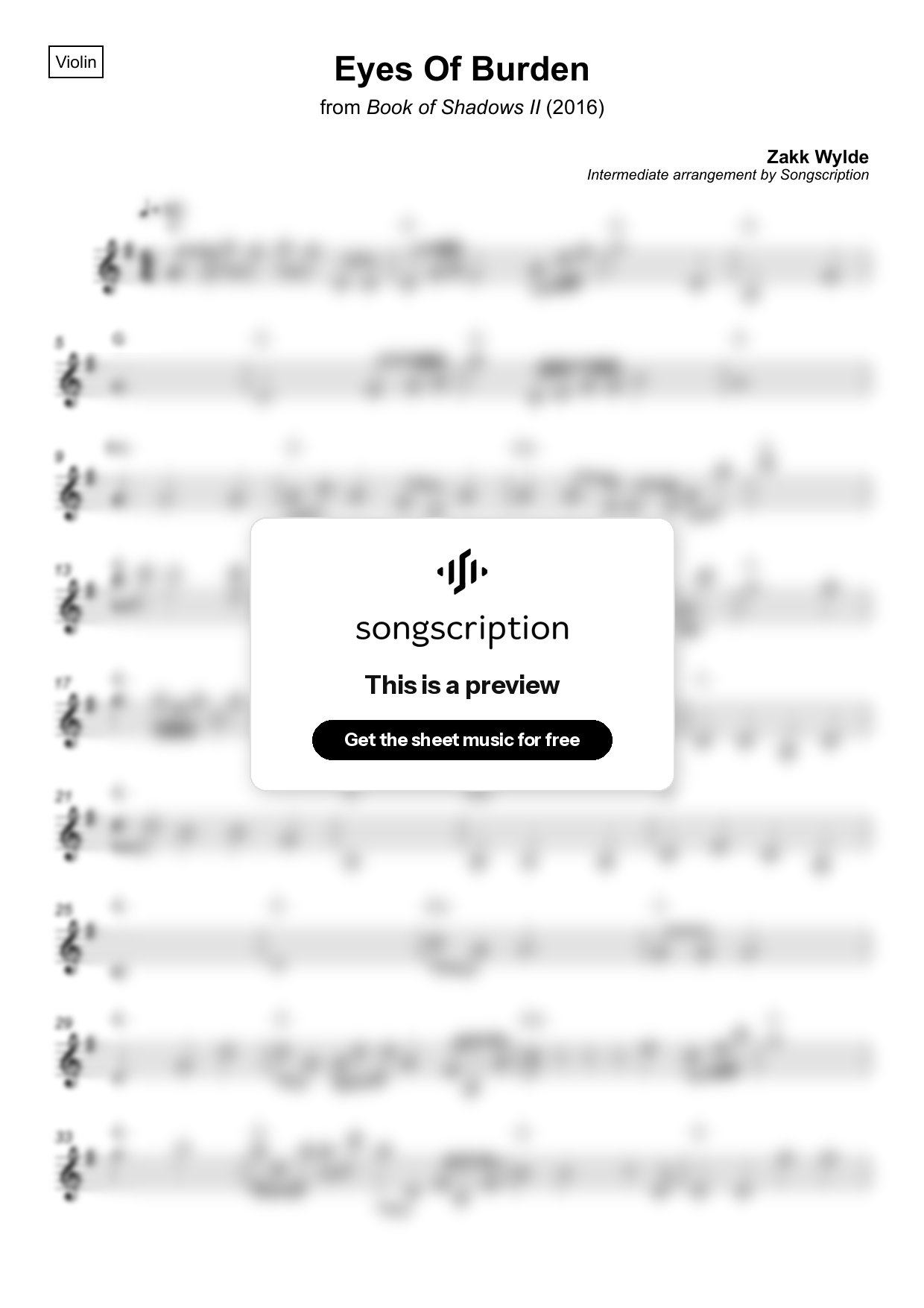 Intermediate Violin Sheet Music for "Eyes Of Burden" by Zakk Wylde