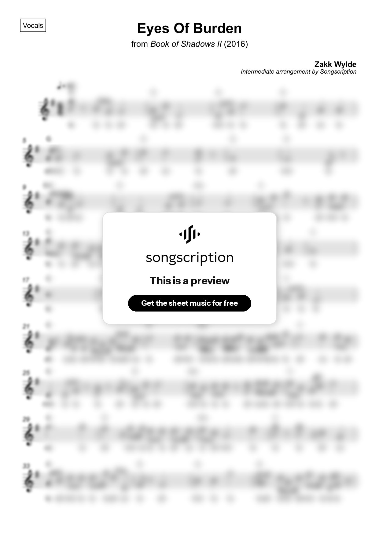 Intermediate Vocals Sheet Music for "Eyes Of Burden" by Zakk Wylde