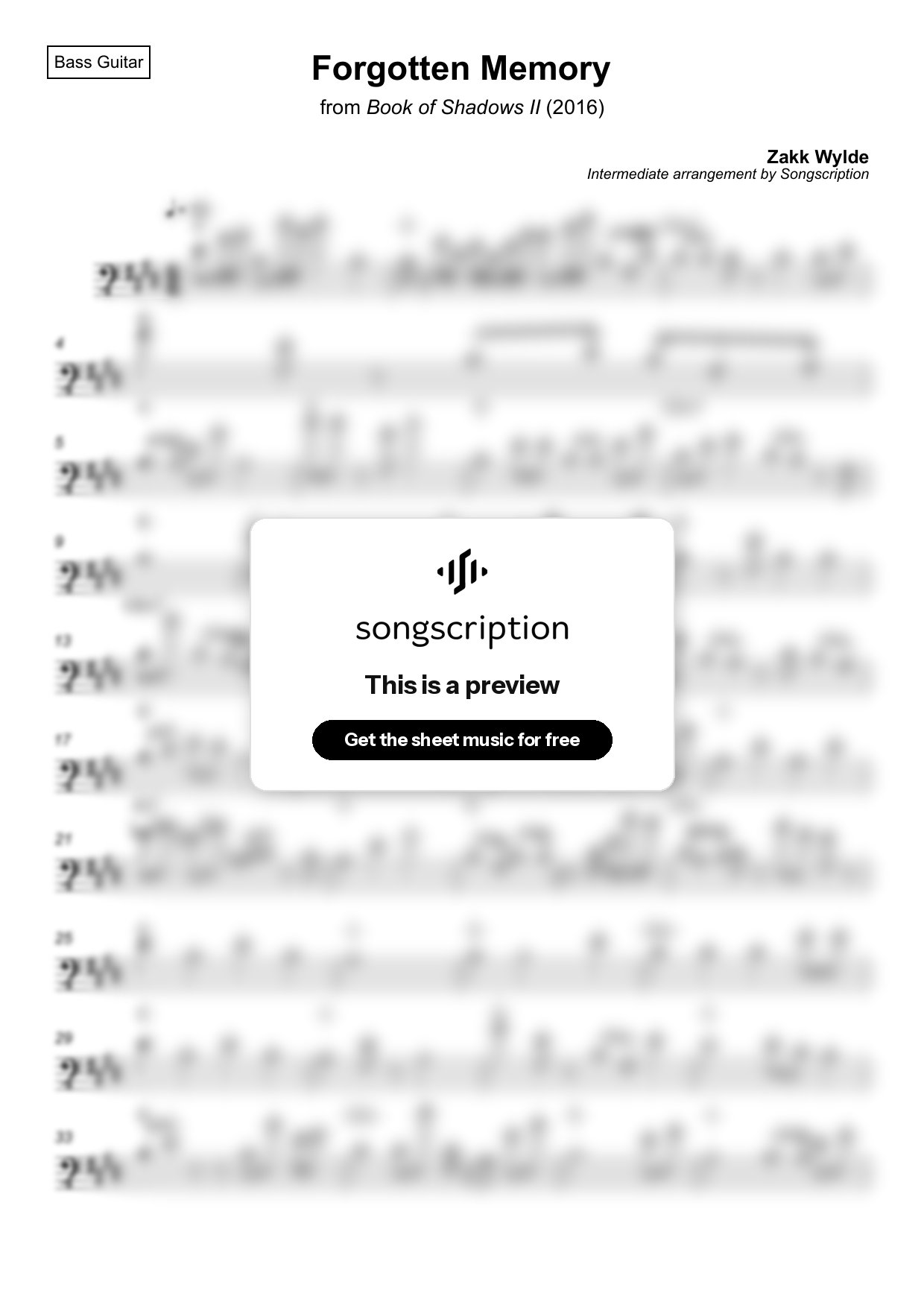 Intermediate Bass Guitar Sheet Music for "Forgotten Memory" by Zakk Wylde