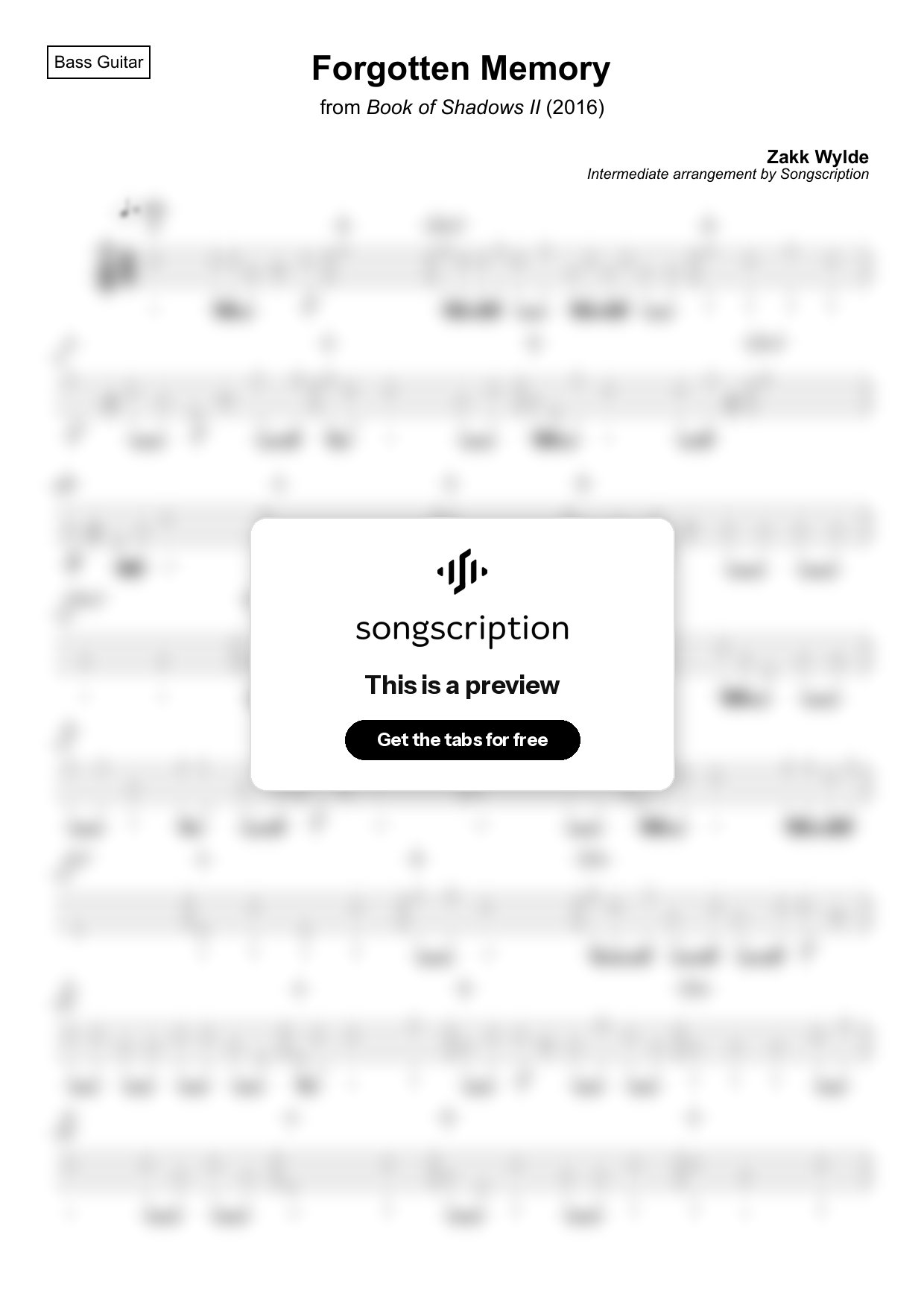 Intermediate Bass Guitar Tabs for "Forgotten Memory" by Zakk Wylde