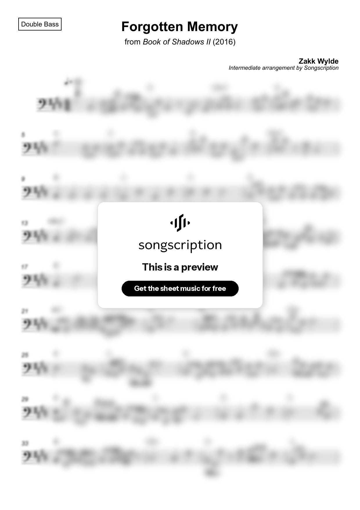 Intermediate Double Bass Sheet Music for "Forgotten Memory" by Zakk Wylde