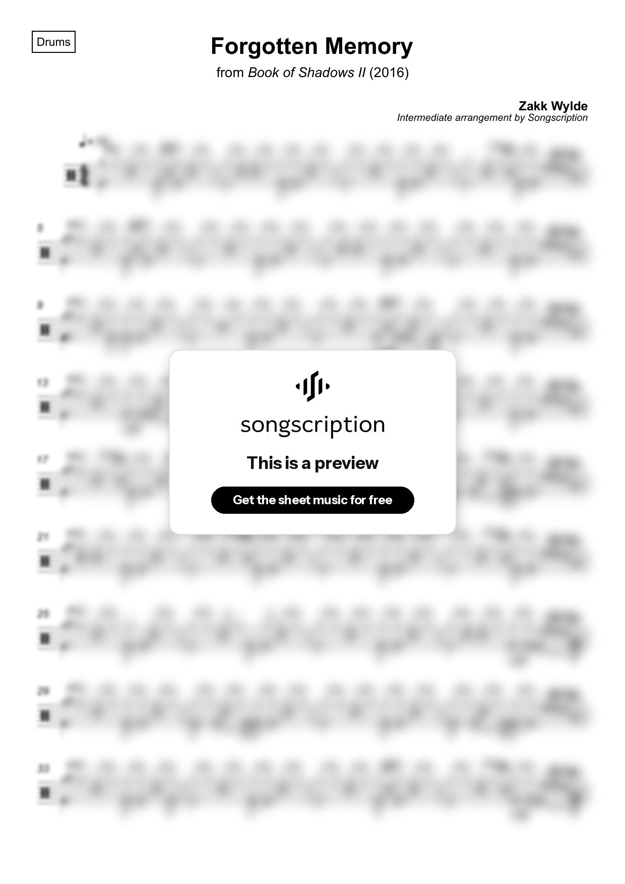 Intermediate Drums Sheet Music for "Forgotten Memory" by Zakk Wylde
