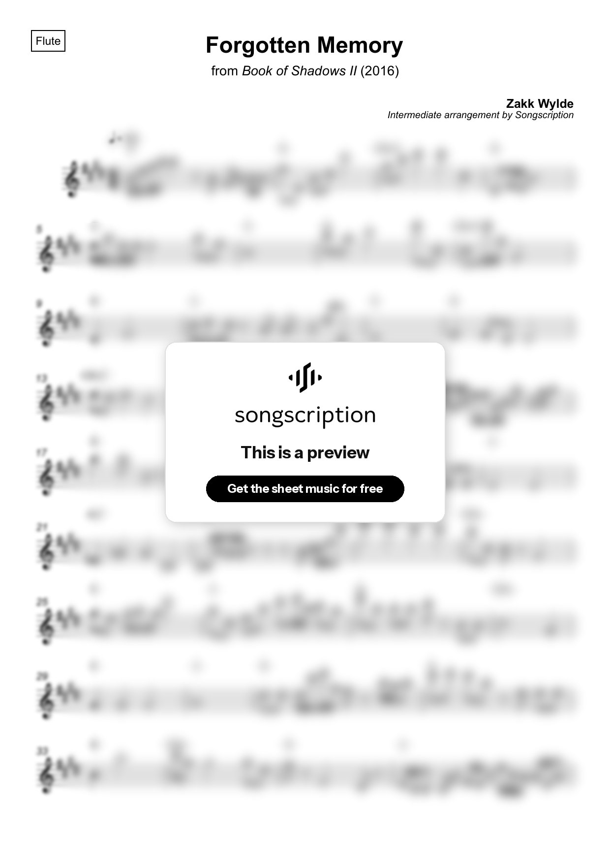 Intermediate Flute Sheet Music for "Forgotten Memory" by Zakk Wylde