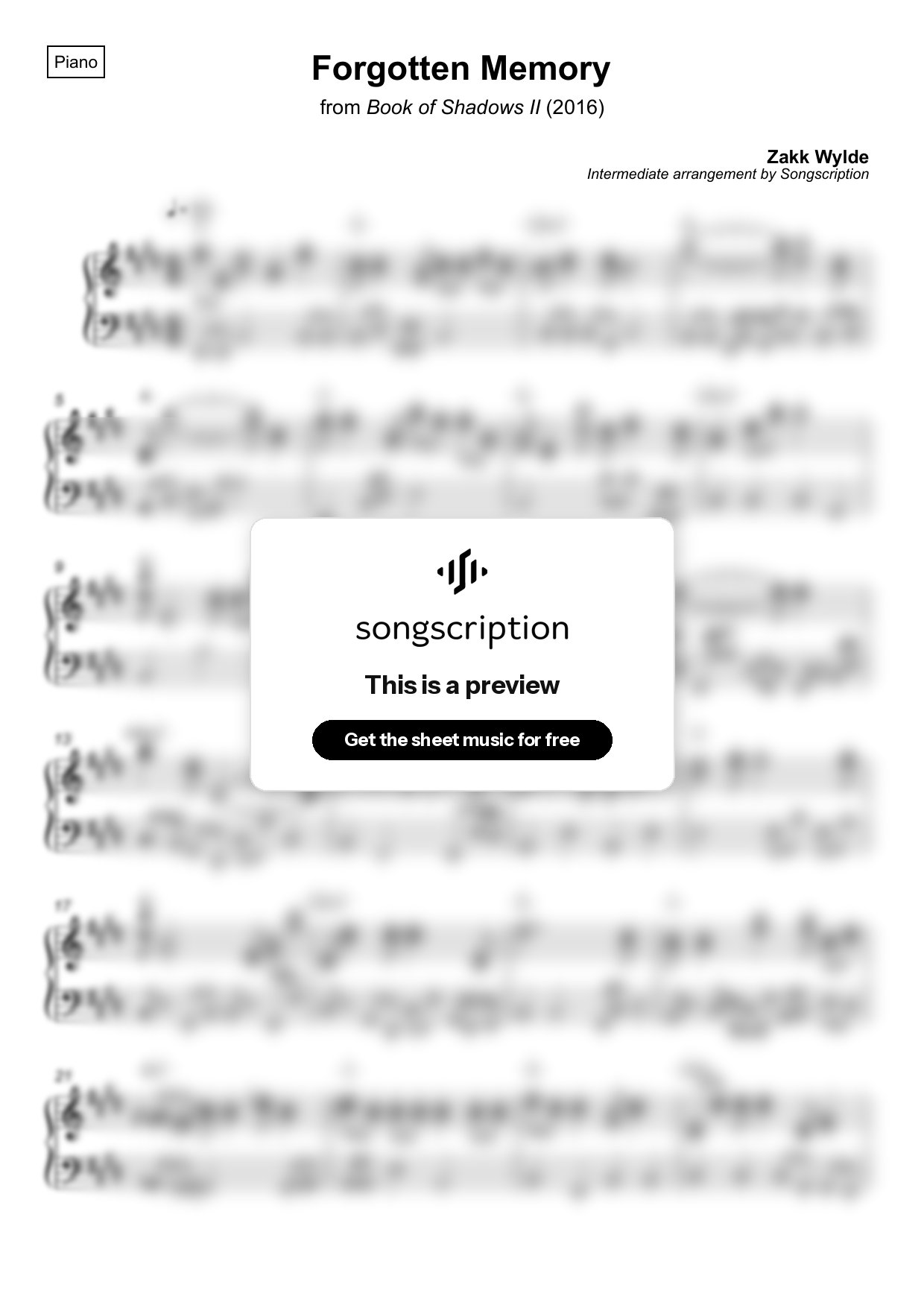 Intermediate Piano Sheet Music for "Forgotten Memory" by Zakk Wylde