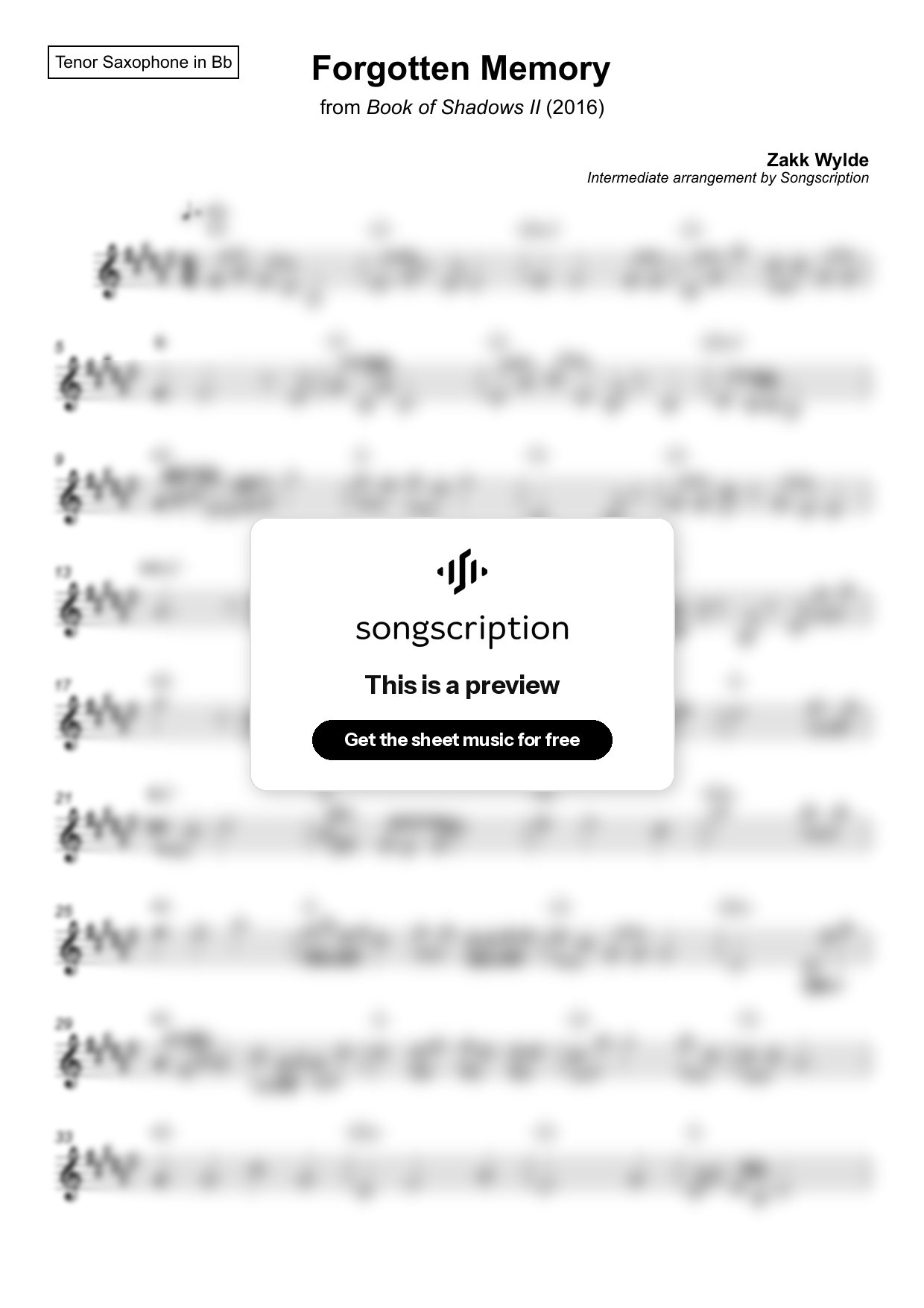 Intermediate Tenor Sax Sheet Music for "Forgotten Memory" by Zakk Wylde