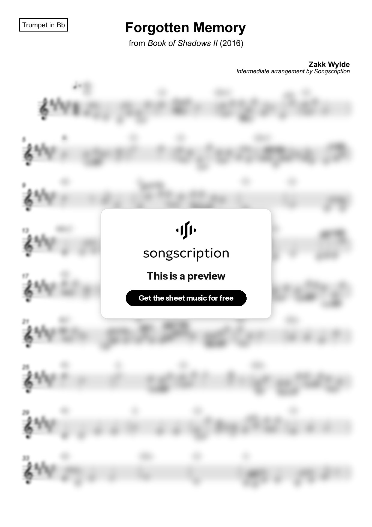 Intermediate Trumpet Sheet Music for "Forgotten Memory" by Zakk Wylde