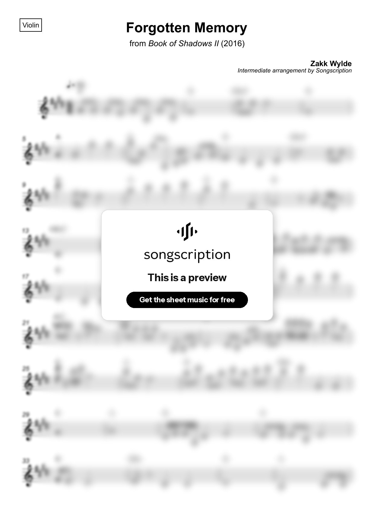 Intermediate Violin Sheet Music for "Forgotten Memory" by Zakk Wylde