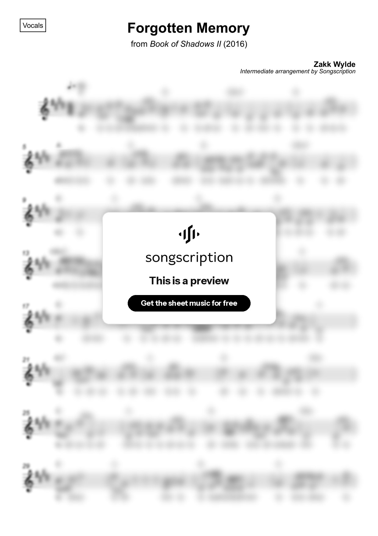 Intermediate Vocals Sheet Music for "Forgotten Memory" by Zakk Wylde