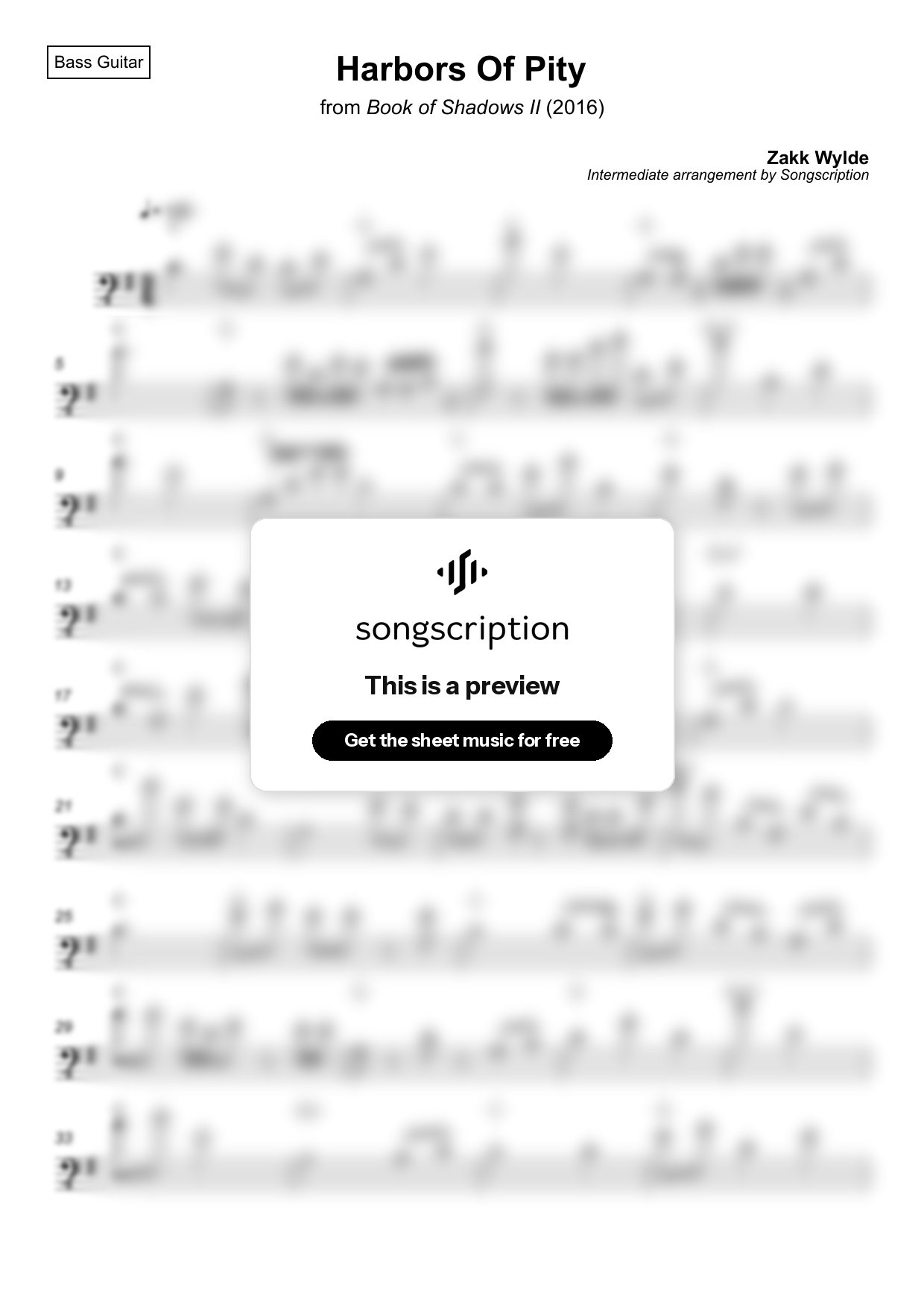Intermediate Bass Guitar Sheet Music for "Harbors Of Pity" by Zakk Wylde
