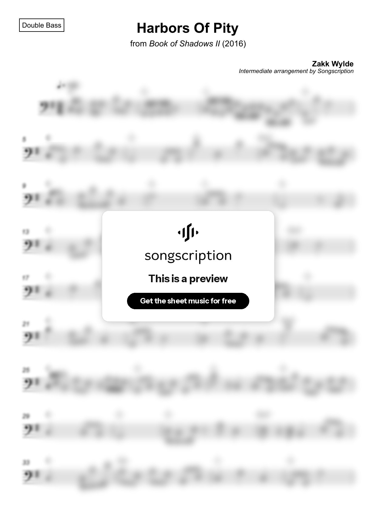Intermediate Double Bass Sheet Music for "Harbors Of Pity" by Zakk Wylde