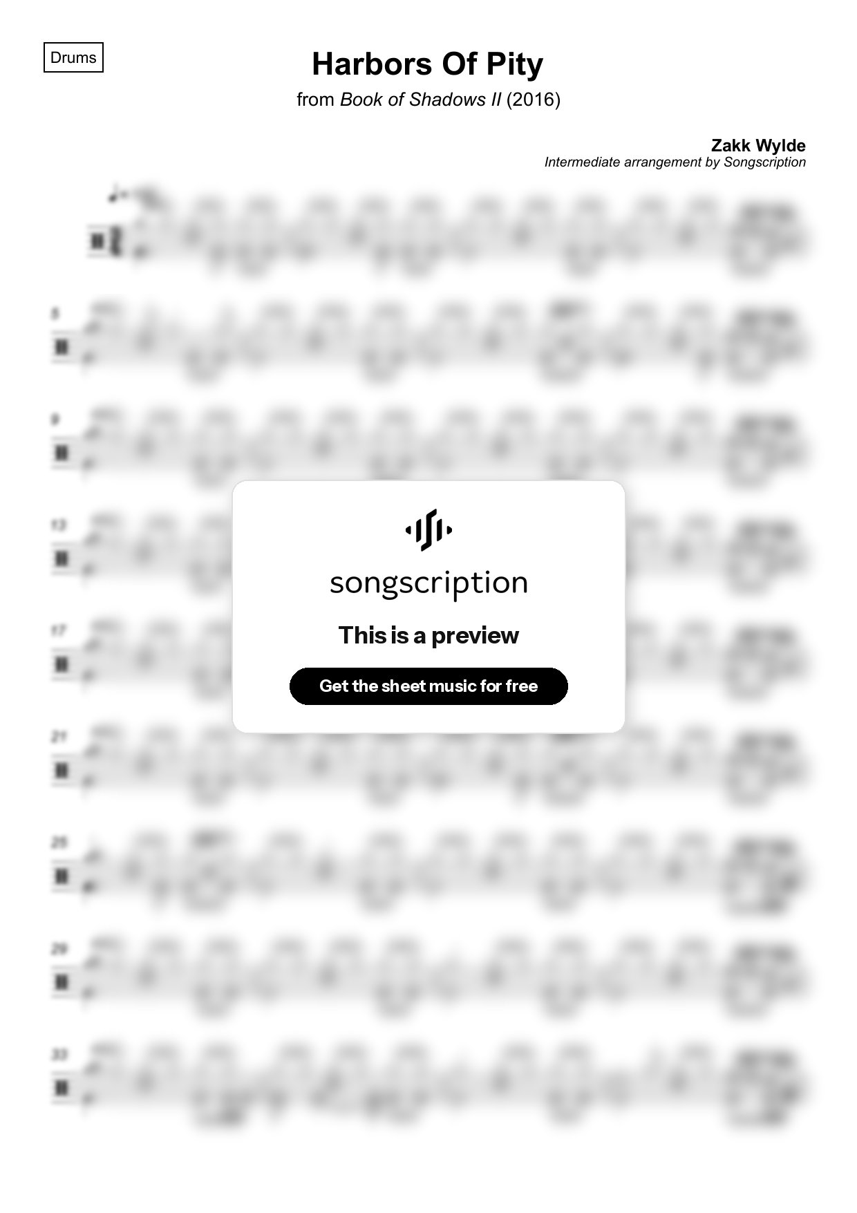 Intermediate Drums Sheet Music for "Harbors Of Pity" by Zakk Wylde