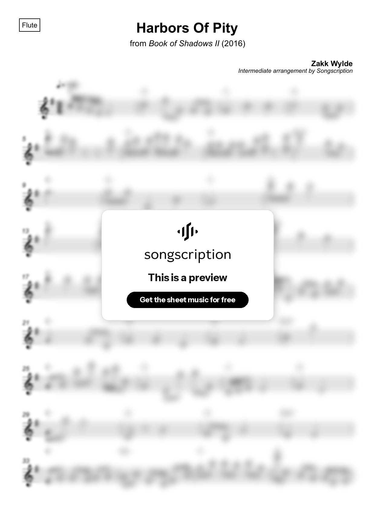 Intermediate Flute Sheet Music for "Harbors Of Pity" by Zakk Wylde