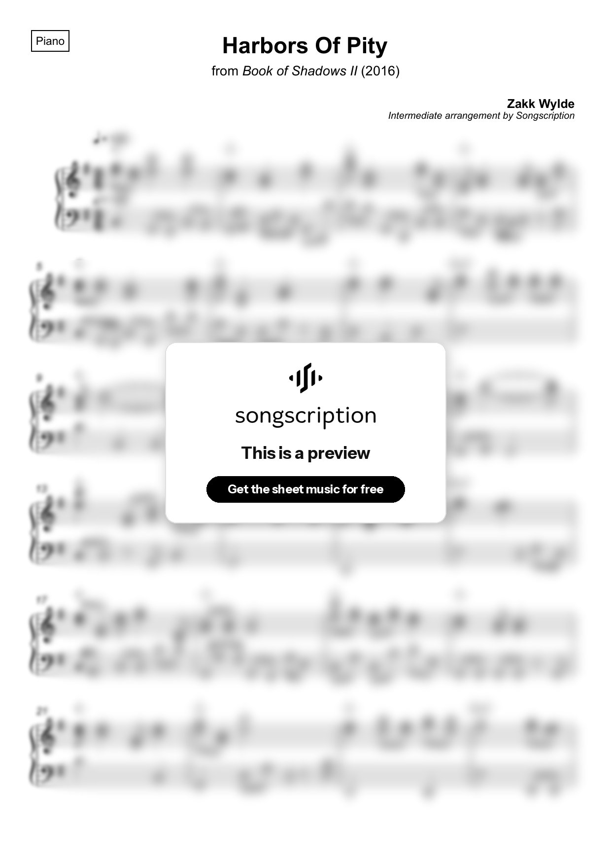 Intermediate Piano Sheet Music for "Harbors Of Pity" by Zakk Wylde
