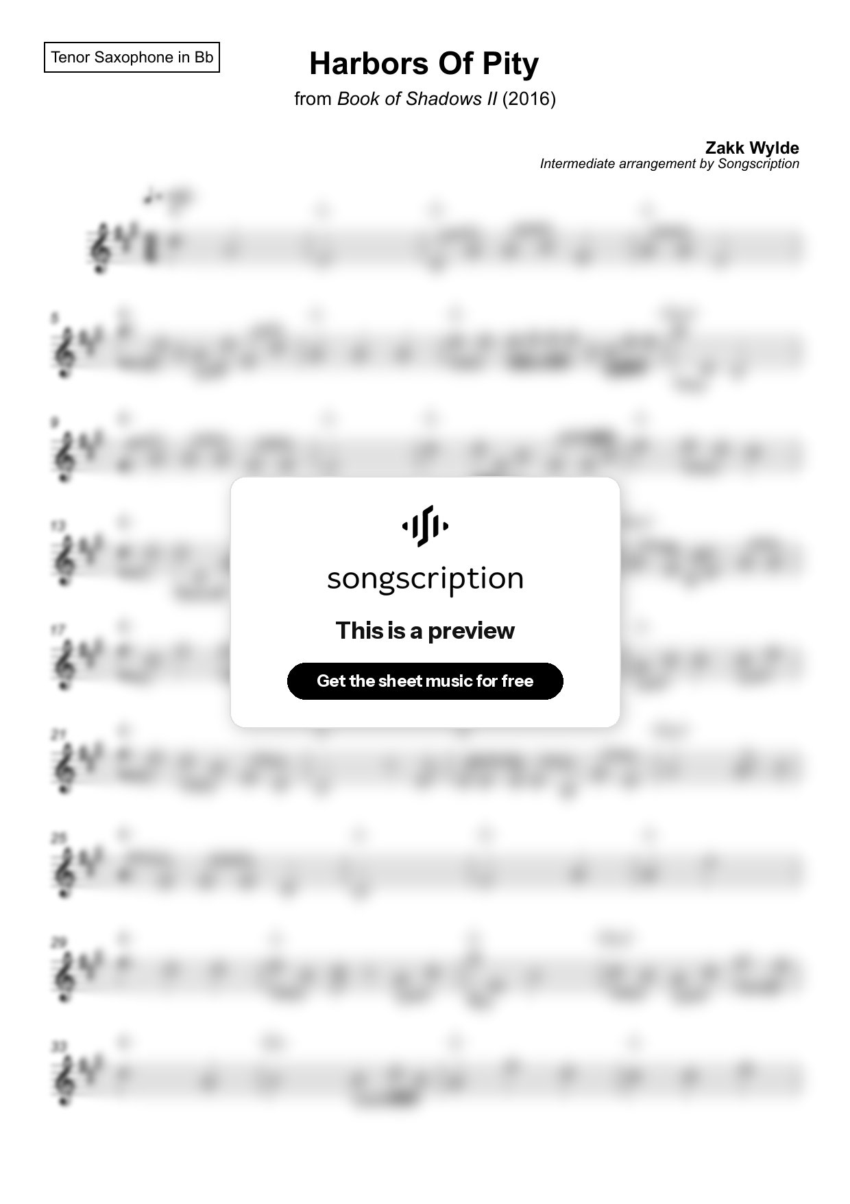Intermediate Tenor Sax Sheet Music for "Harbors Of Pity" by Zakk Wylde