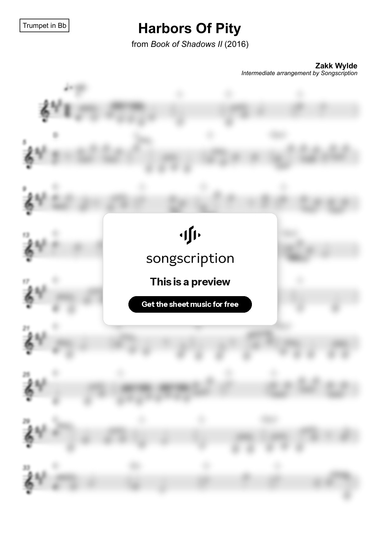 Intermediate Trumpet Sheet Music for "Harbors Of Pity" by Zakk Wylde