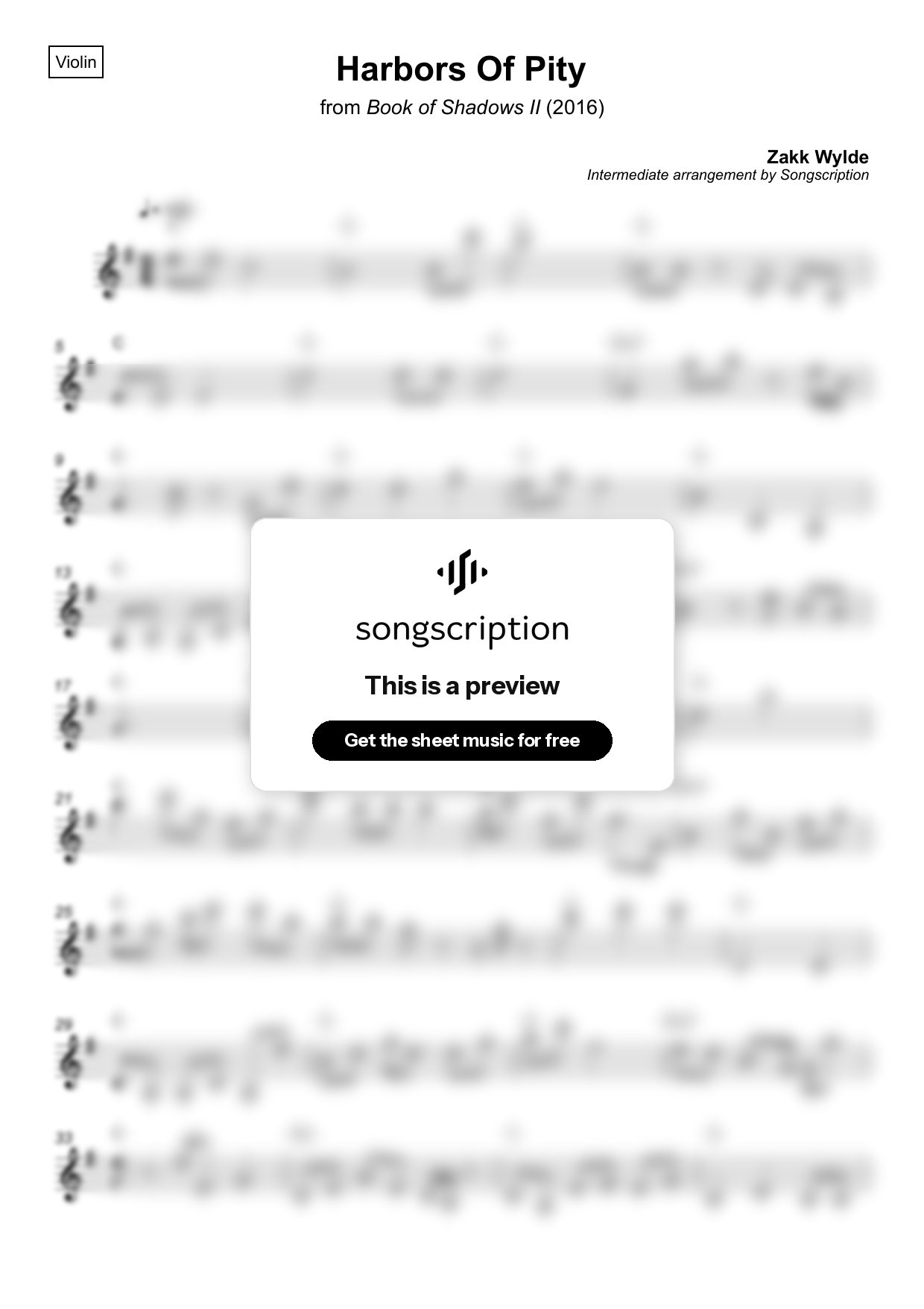 Intermediate Violin Sheet Music for "Harbors Of Pity" by Zakk Wylde