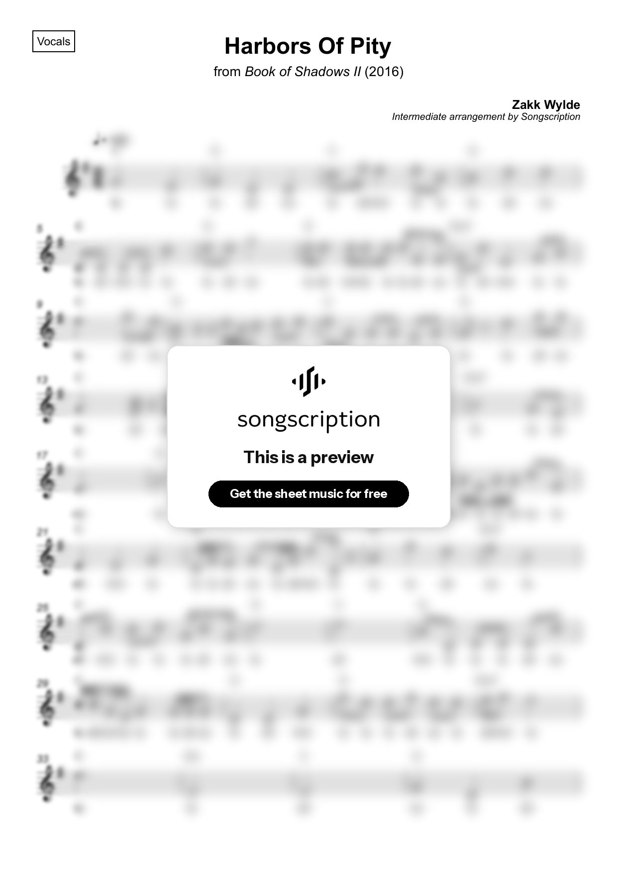 Intermediate Vocals Sheet Music for "Harbors Of Pity" by Zakk Wylde